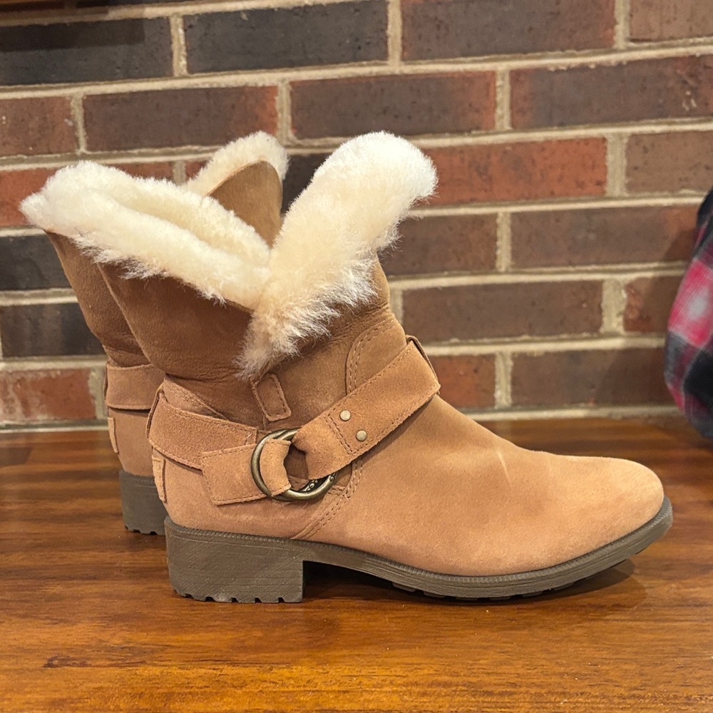 UGG Chestnut Suede Fur-Lined Ankle Boots with Buckle - Picture 3 of 16